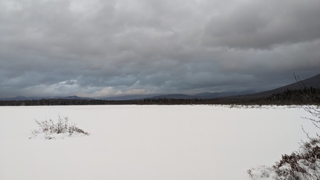 A perfectly snowy lake, punctuated with a pine tree to the left. Dark and ominous clouds pile up on the horizon, obscuring anything behind them.